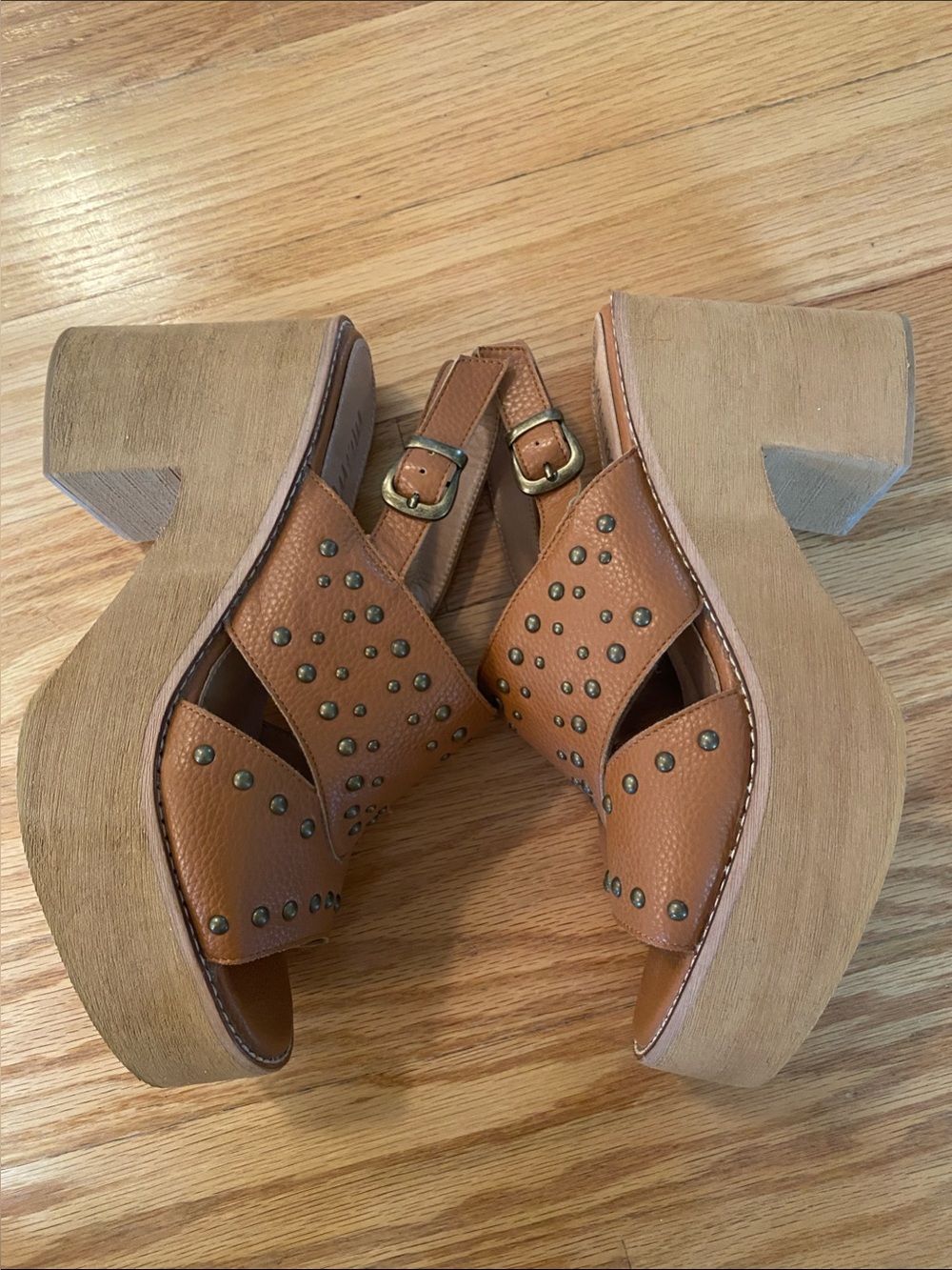 Tan Studded Leather Platform Slingback Sandals - Picture 4 of 4